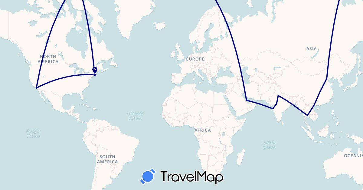 TravelMap itinerary: driving in China, India, Qatar, Thailand, United States, Vietnam (Asia, North America)